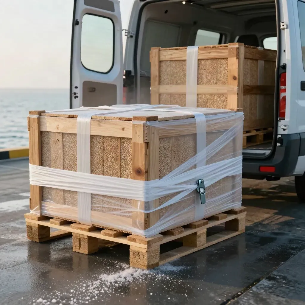 Casse di legno e pallet avvolto su una banchina costiera con furgone aperto e mare sullo sfondo.