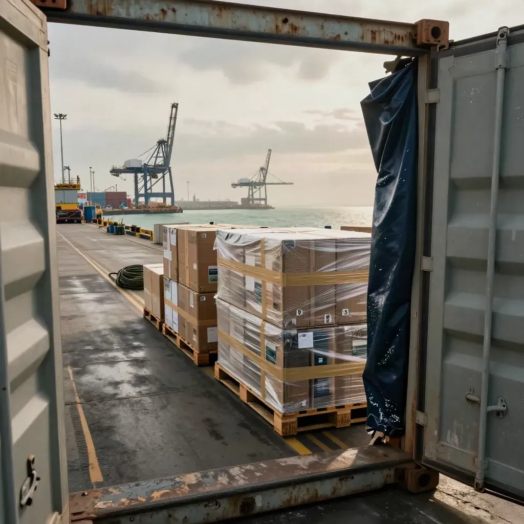 Corsia di container in un terminal costiero, casse da export e foschia marina.