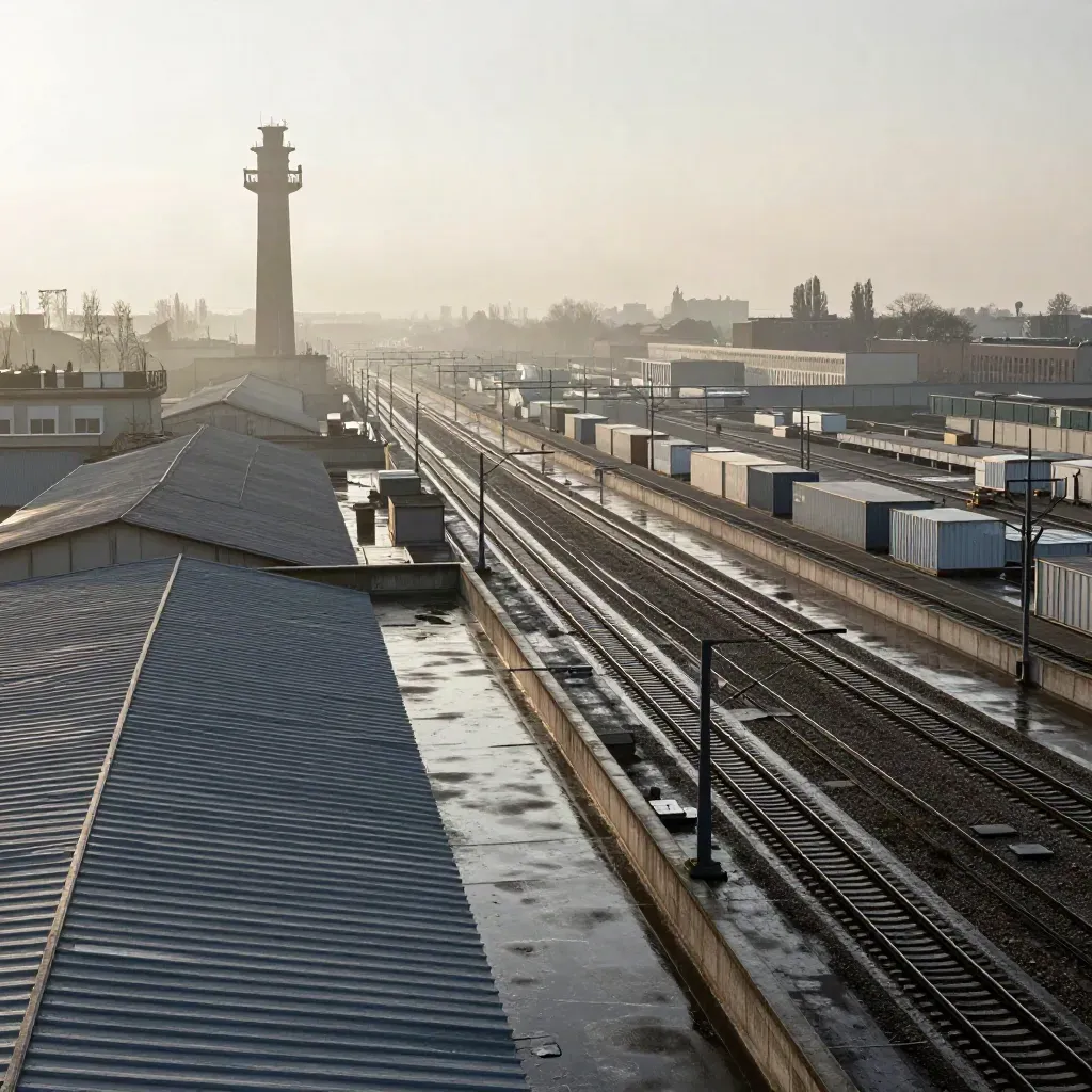 Tetti industriali milanesi e binari periferici bagnati, torre in controluce dopo la pioggia.