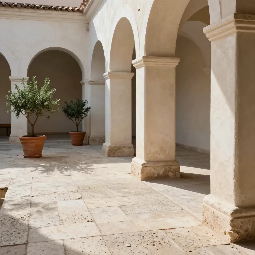 Cortile romano in travertino con arcate, vasi e luce pomeridiana calda.