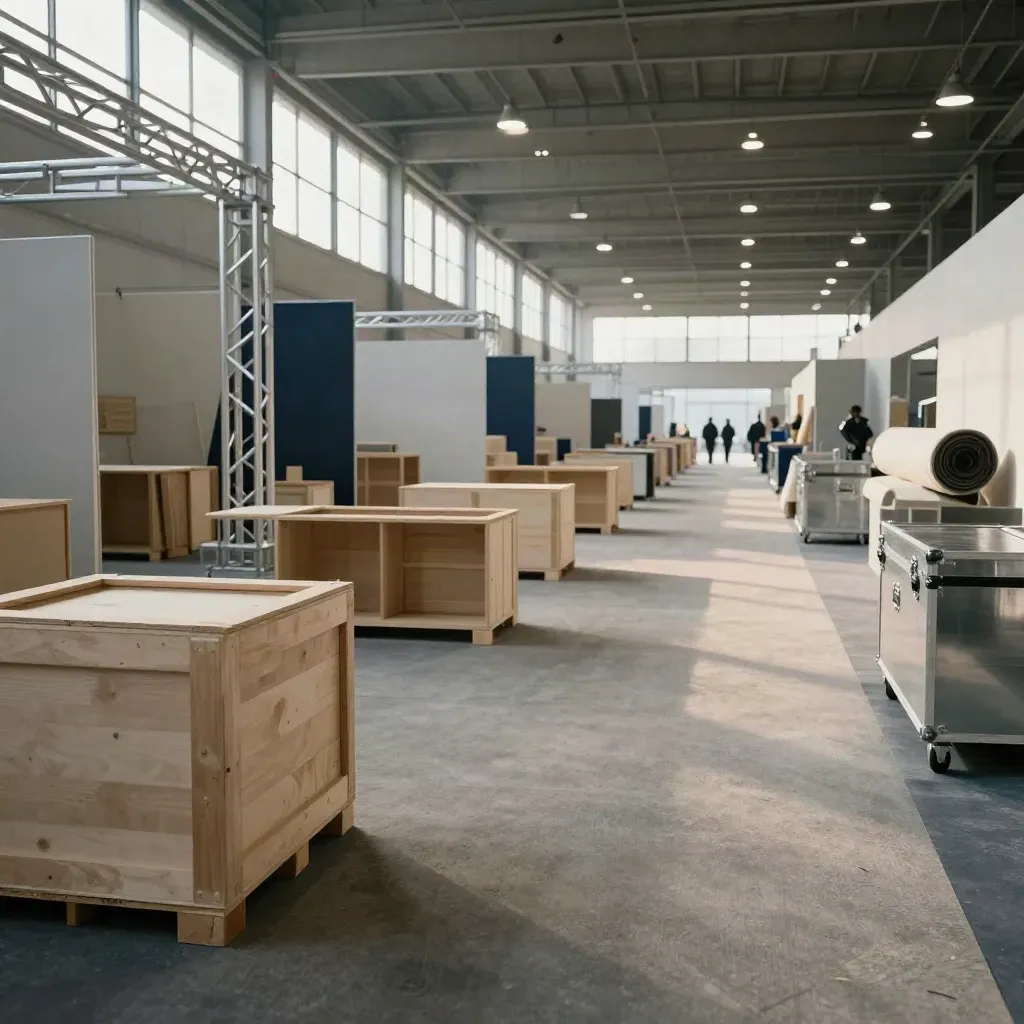 Padiglione fieristico quasi vuoto con stand in allestimento e corridoio profondo