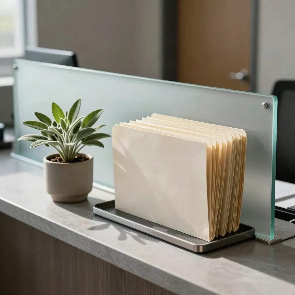 Bancone sportello imprese con cartelline allineate, pianta, vetro satinato e corridoio sfocato.